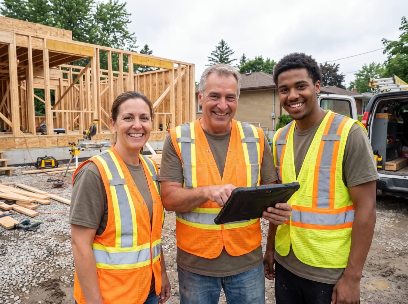 Fibocolon team reviewing a project on a client job site